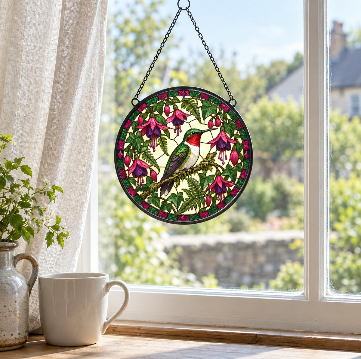 Perched Ruby Hummingbird Glass Suncatcher Hanging Window Ornament