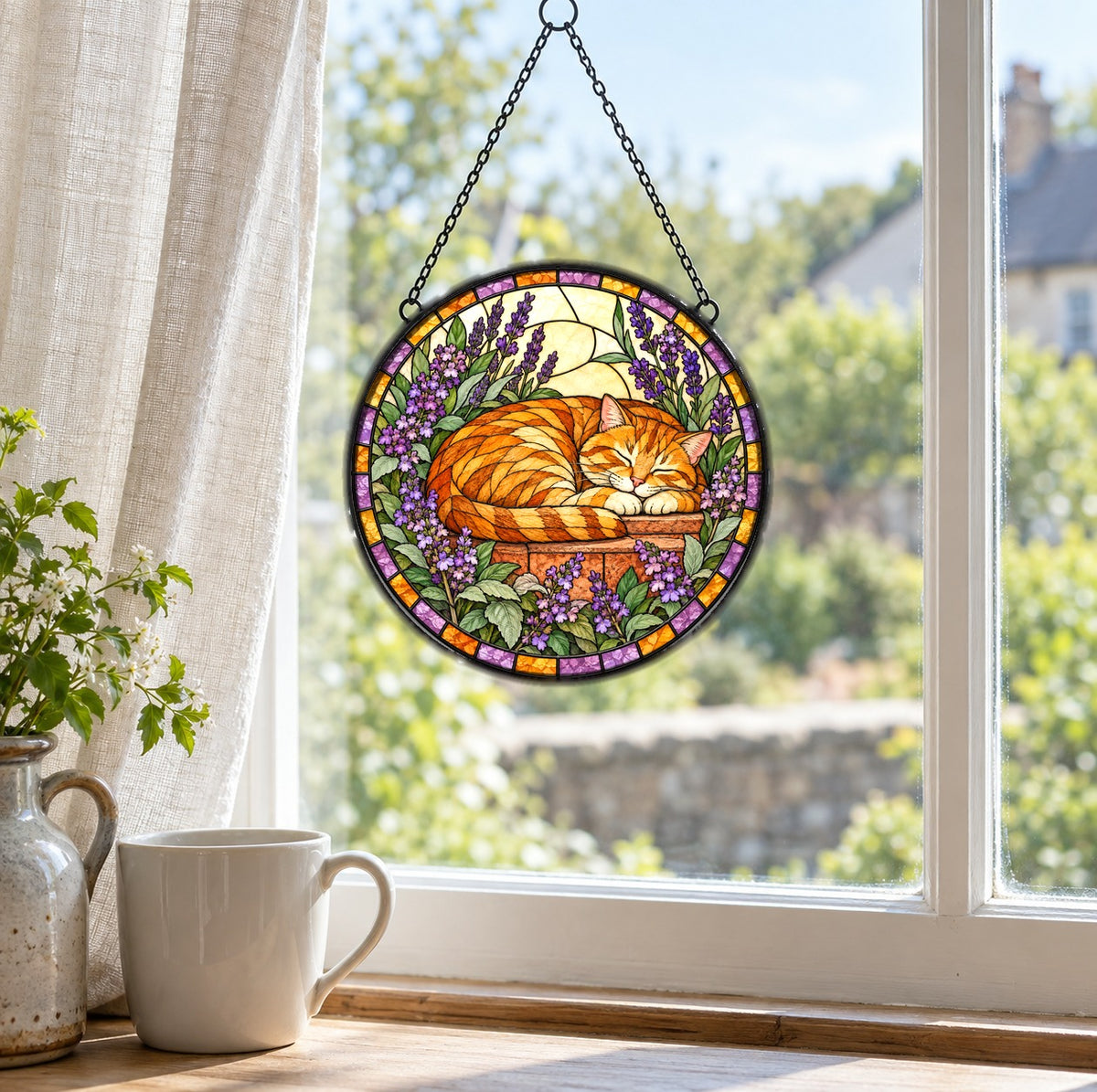 Catmint Reverie Tabby Suncatcher, Hanging Glass Window Ornament