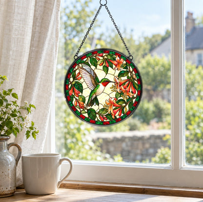 Ruby Hummingbird and Honeysuckle Suncatcher Window Ornament