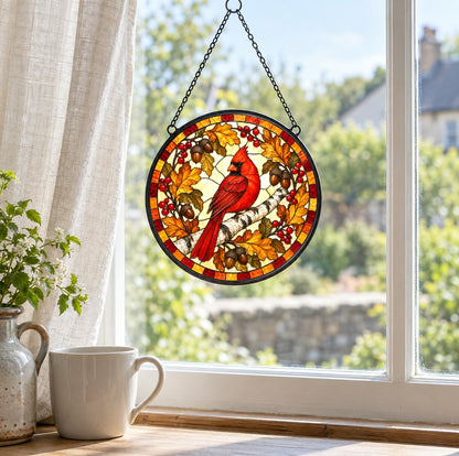 Autumn Birch Cardinal Glow Suncatcher, Memorial Bird Hanging Ornament