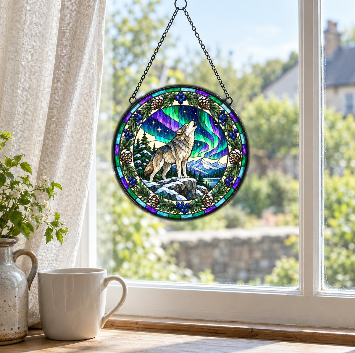 Aurora Wolf Wilderness Glow Suncatcher Hanging Glass Ornament
