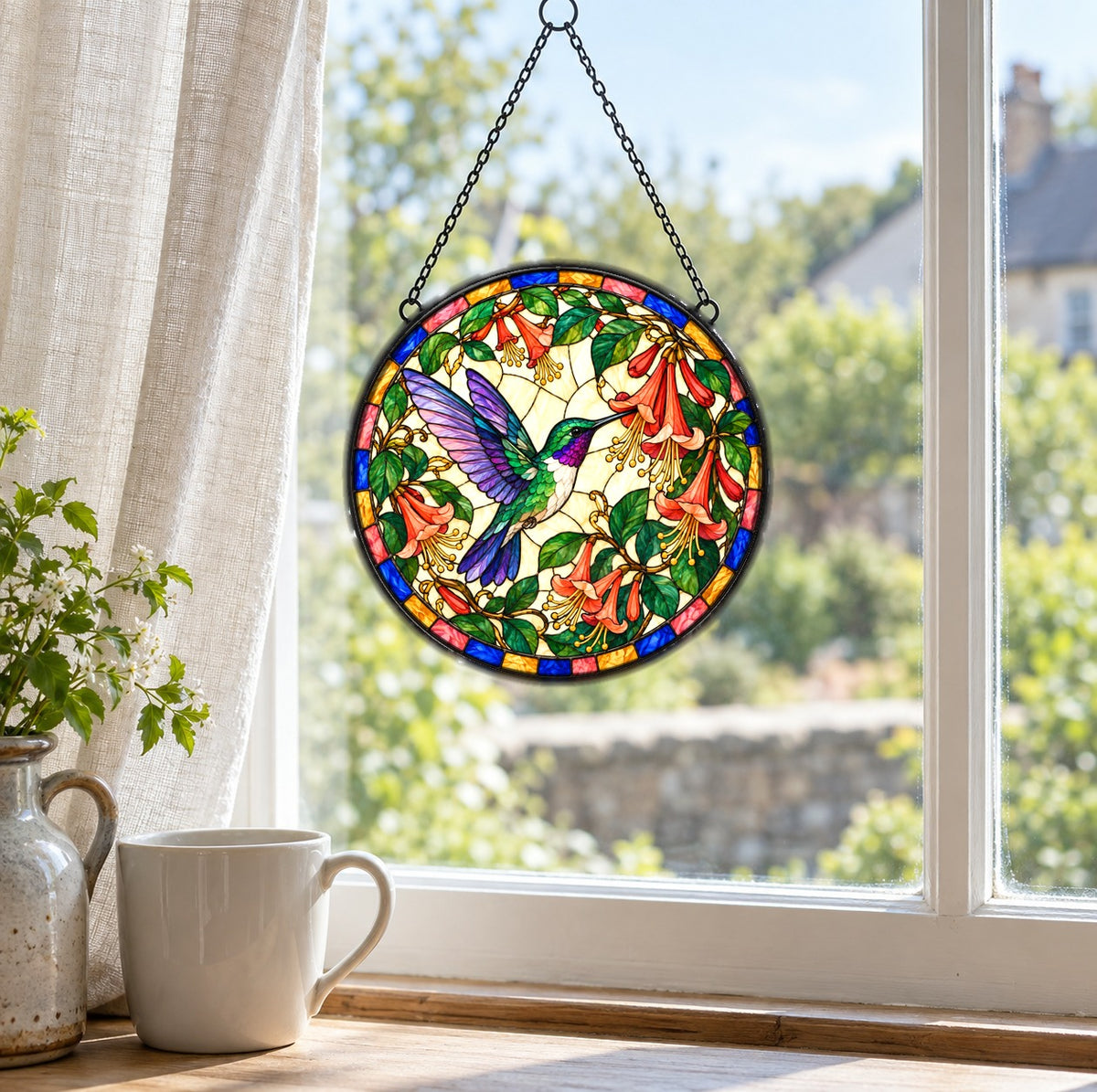 Hummingbird and Honeysuckle Glass Suncatcher Window Ornament