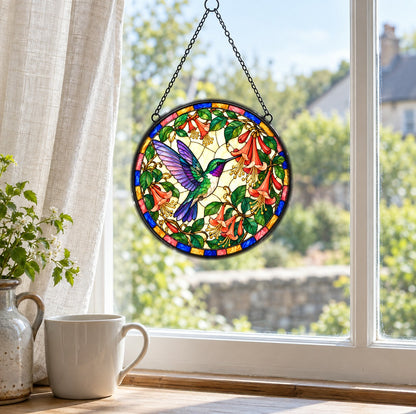 Hummingbird and Honeysuckle Glass Suncatcher Window Ornament