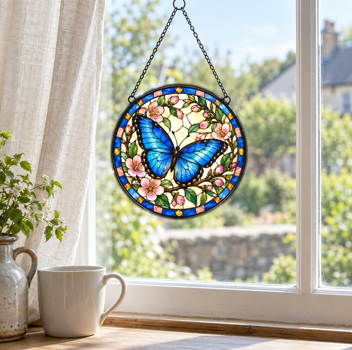 Azure Butterfly Glass Window Suncatcher and Floral Hanging Ornament