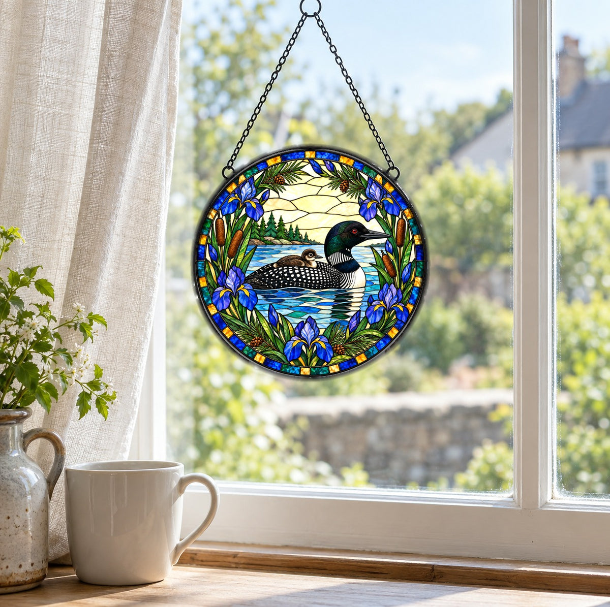 Northwoods Loon and Chick Suncatcher Hanging Glass Window Ornament