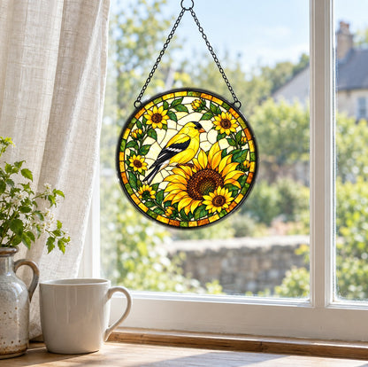 Sunflower and Goldfinch Window Suncatcher Hanging Glass Ornament