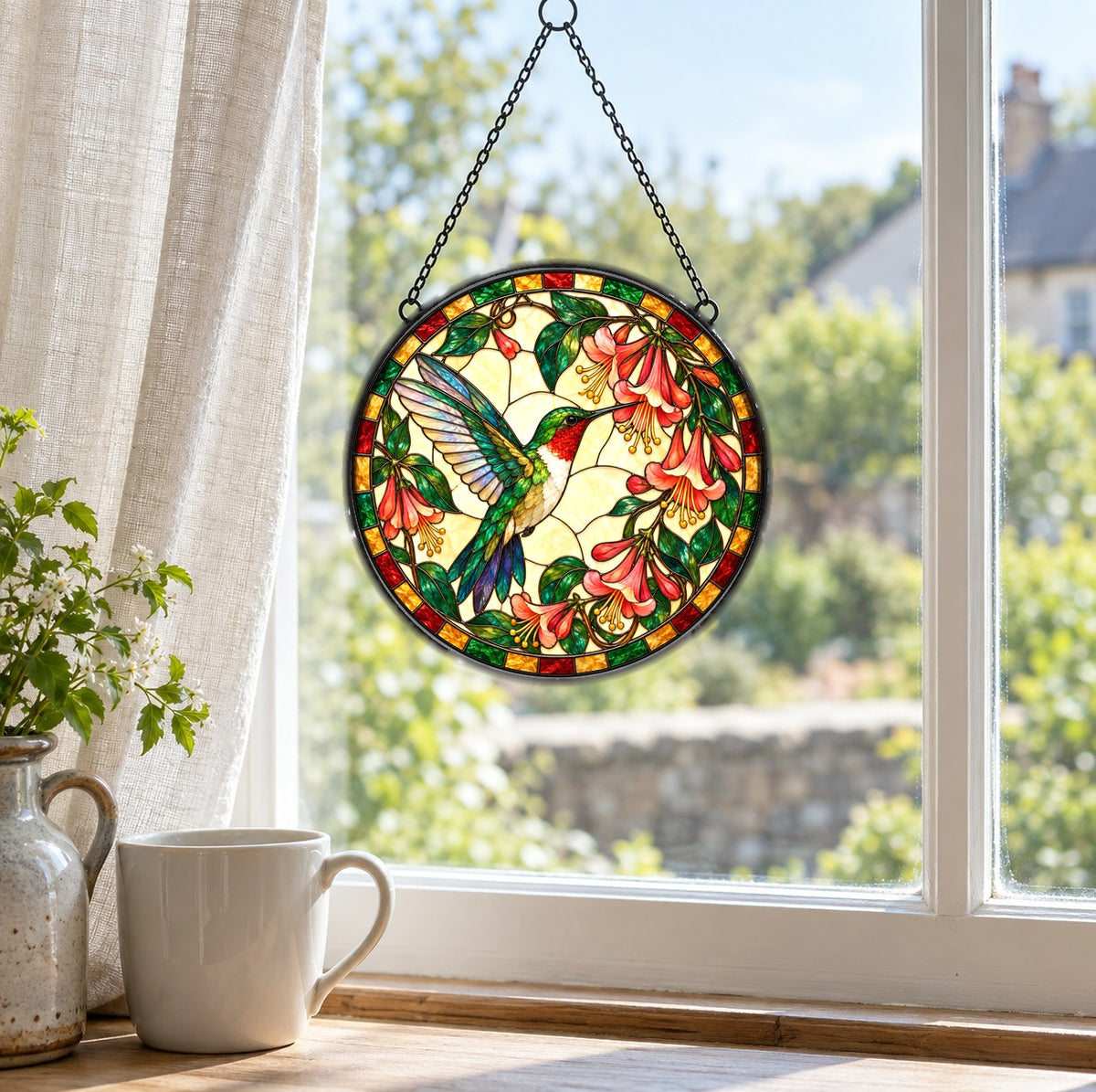 Ruby Hummingbird Honeysuckle Suncatcher Window Hanging Ornament