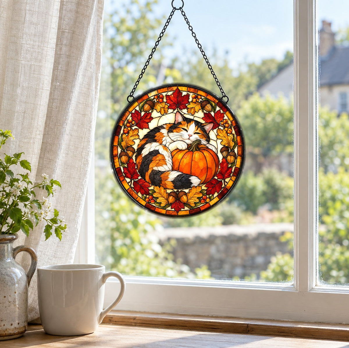 Calico Cat Autumn Pumpkin Suncatcher Ornament Stained Glass Window
