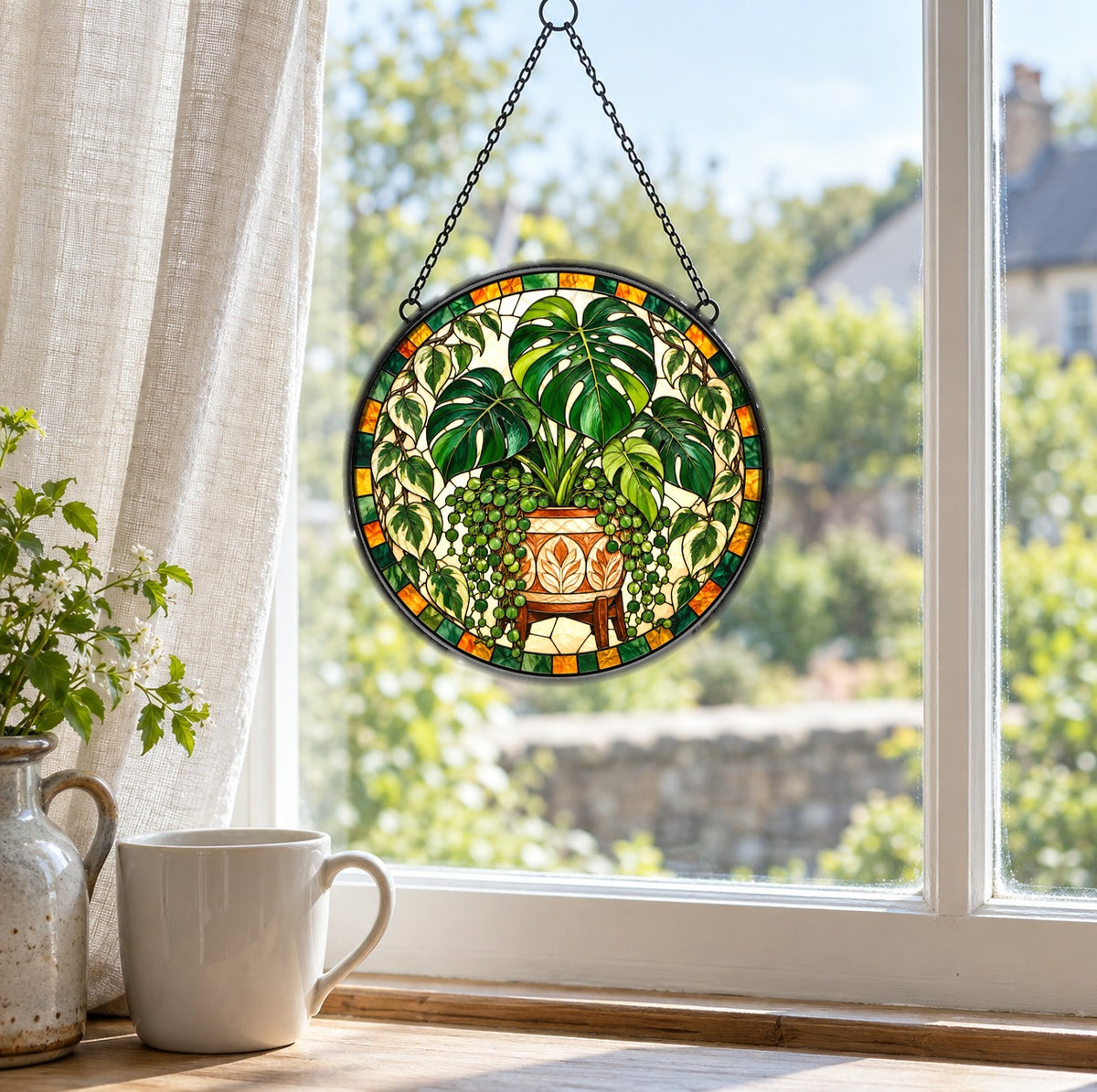 Monstera Plant Suncatcher, Glass Botanical Window Hanging Ornament