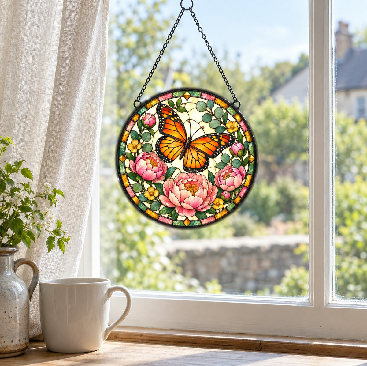 Monarch and Peony Suncatcher, Floral Butterfly Glass Hanging Ornament