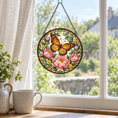 Monarch and Peony Suncatcher, Floral Butterfly Glass Hanging Ornament