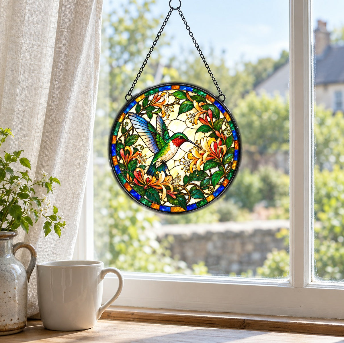 Ruby-Throated Hummingbird Suncatcher, Garden Bird Glass Ornament