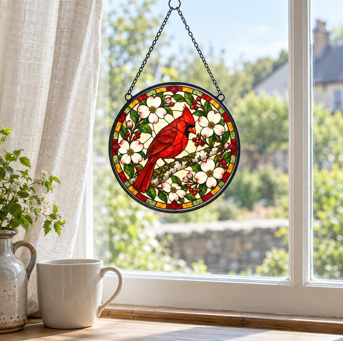 Crimson Cardinal Glass Suncatcher Window Hanging Ornament