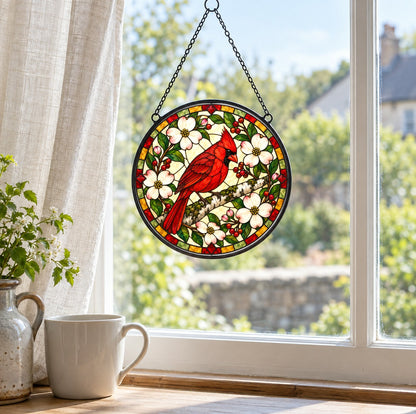 Crimson Cardinal Glass Suncatcher Window Hanging Ornament