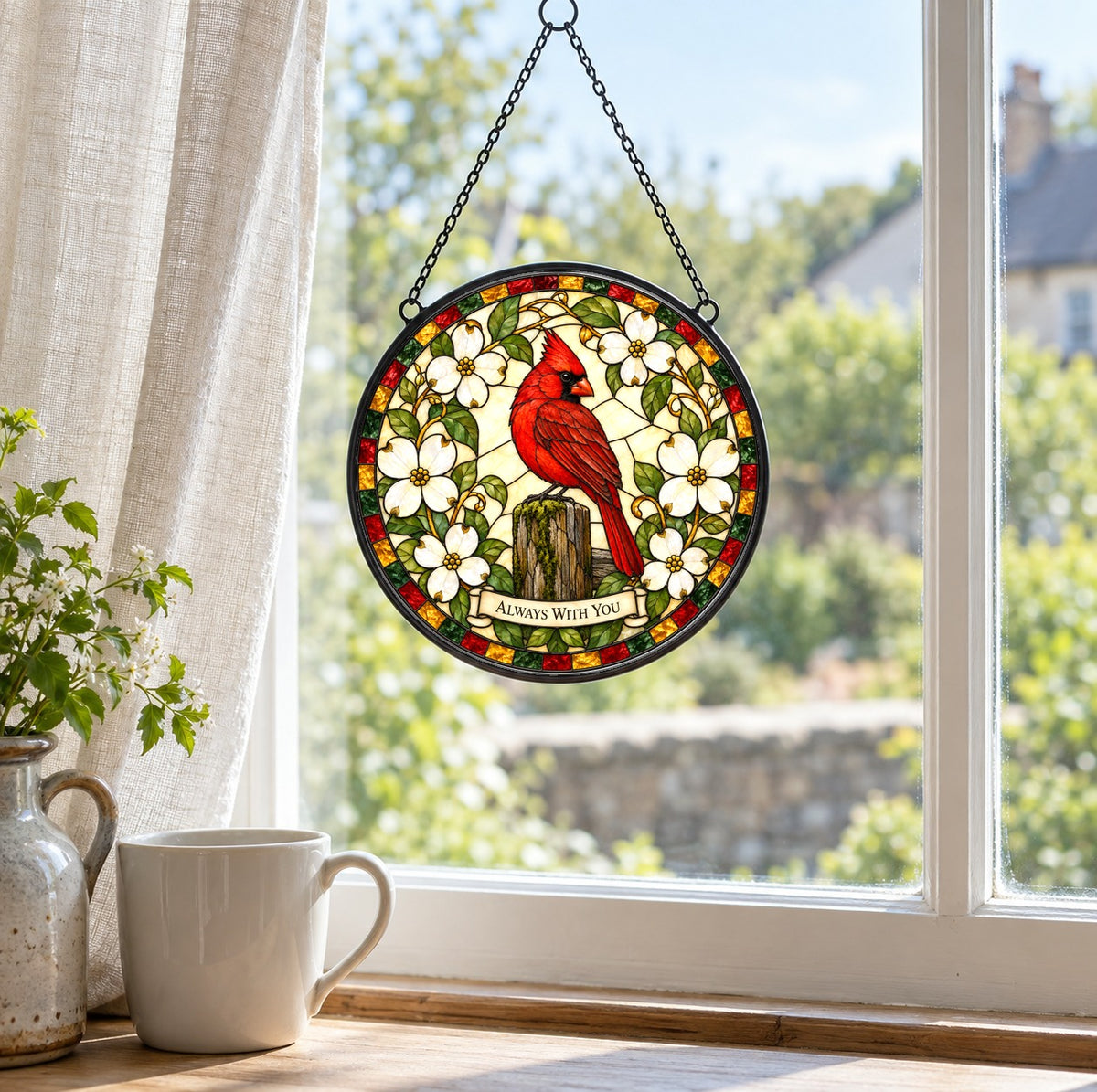Whispering Wings Cardinal Suncatcher, Memorial Glass Hanging Ornament