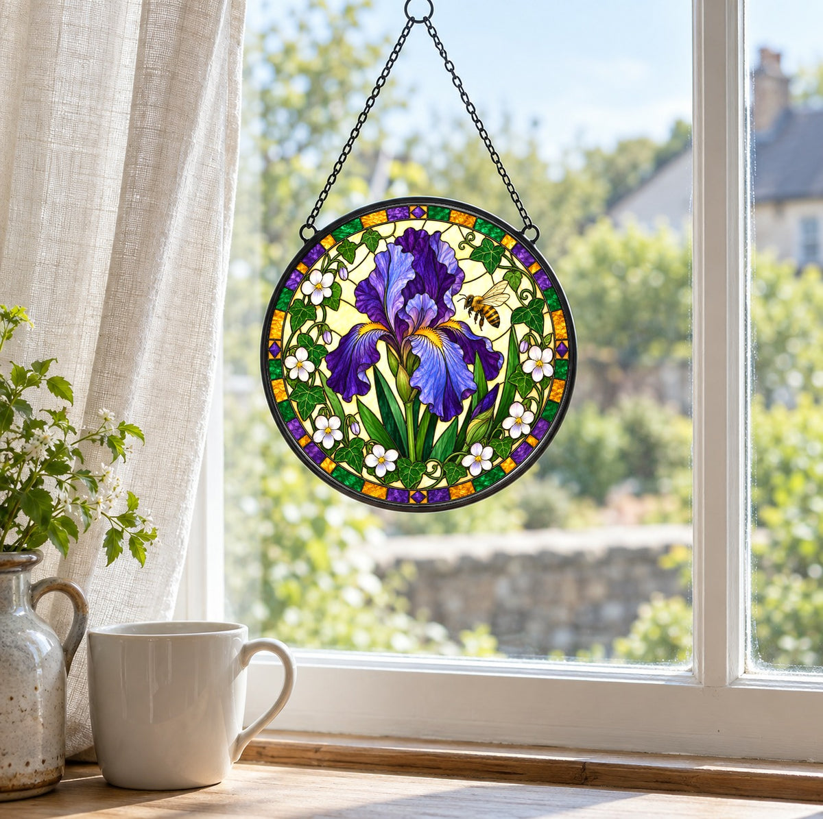 Velvet Iris and Honeybee Stained Glass Suncatcher Window Ornament