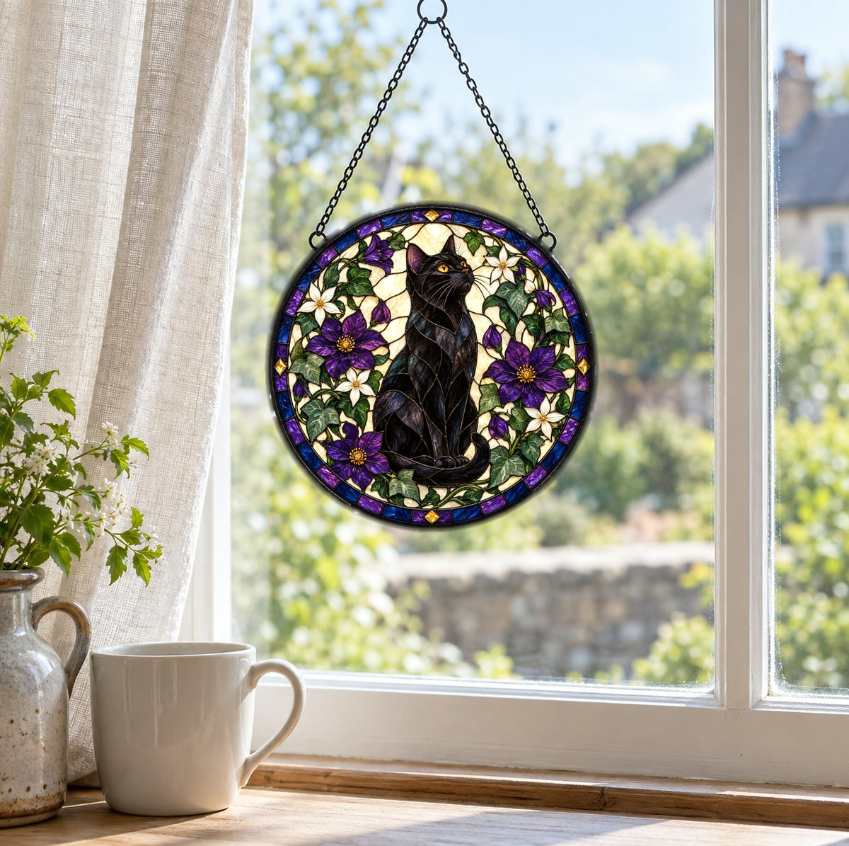 Midnight Familiar Black Cat Suncatcher Hanging Window Ornament