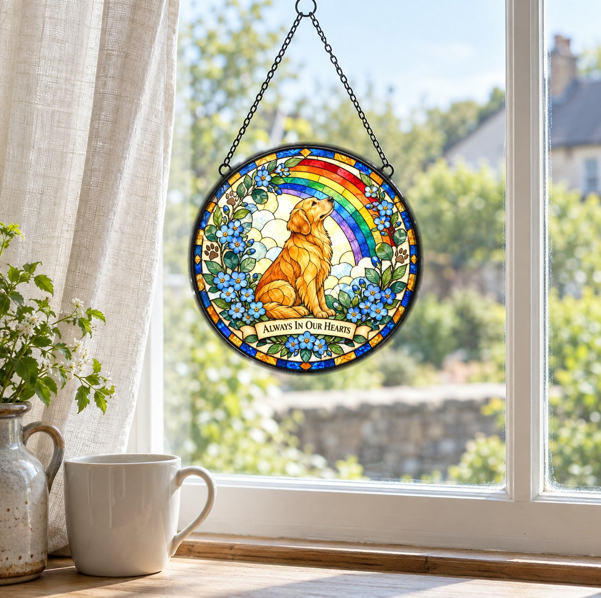 Rainbow Bridge Golden Dog Suncatcher, Pet Memorial Glass Ornament