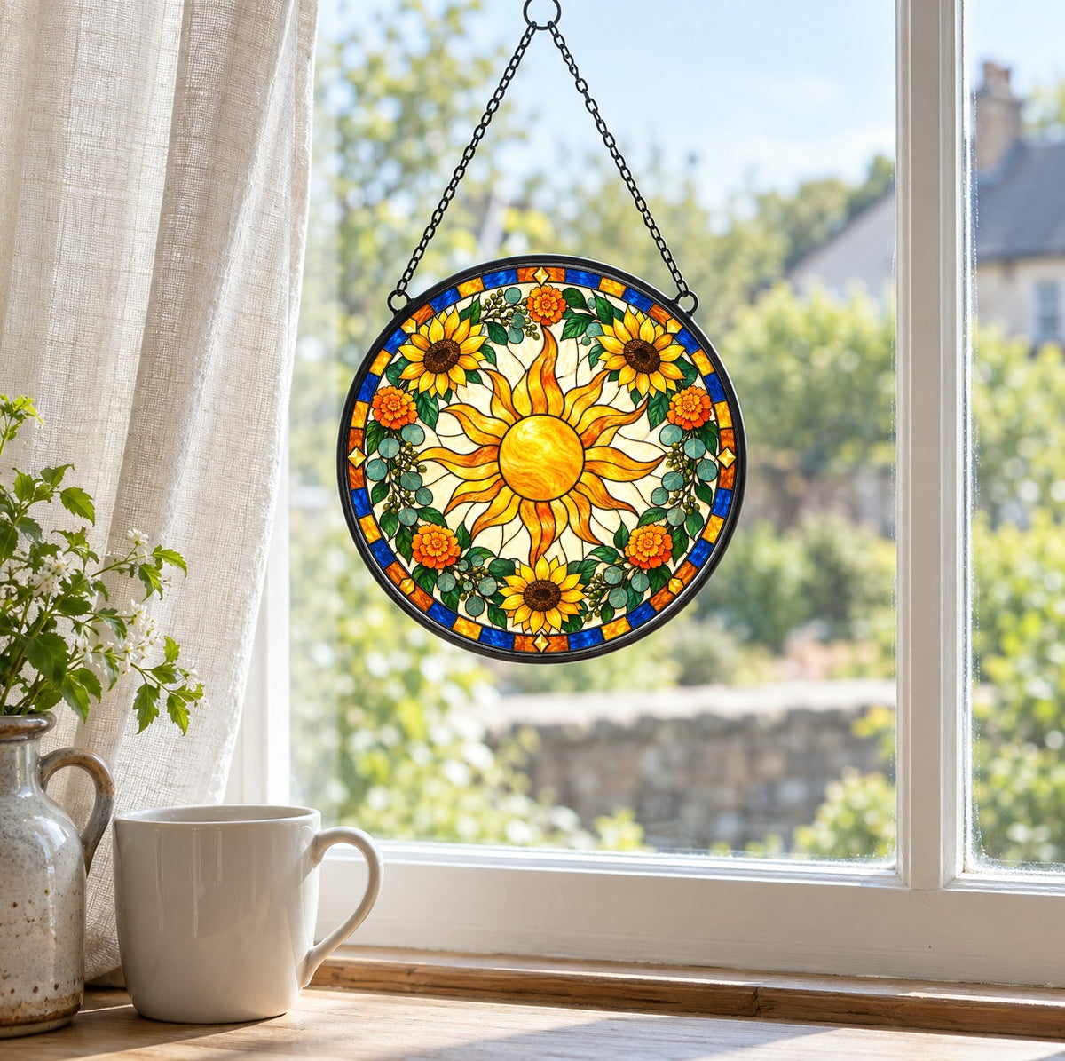 Bohemian Radiant Sunburst Stained Glass Suncatcher Ornament Window Art