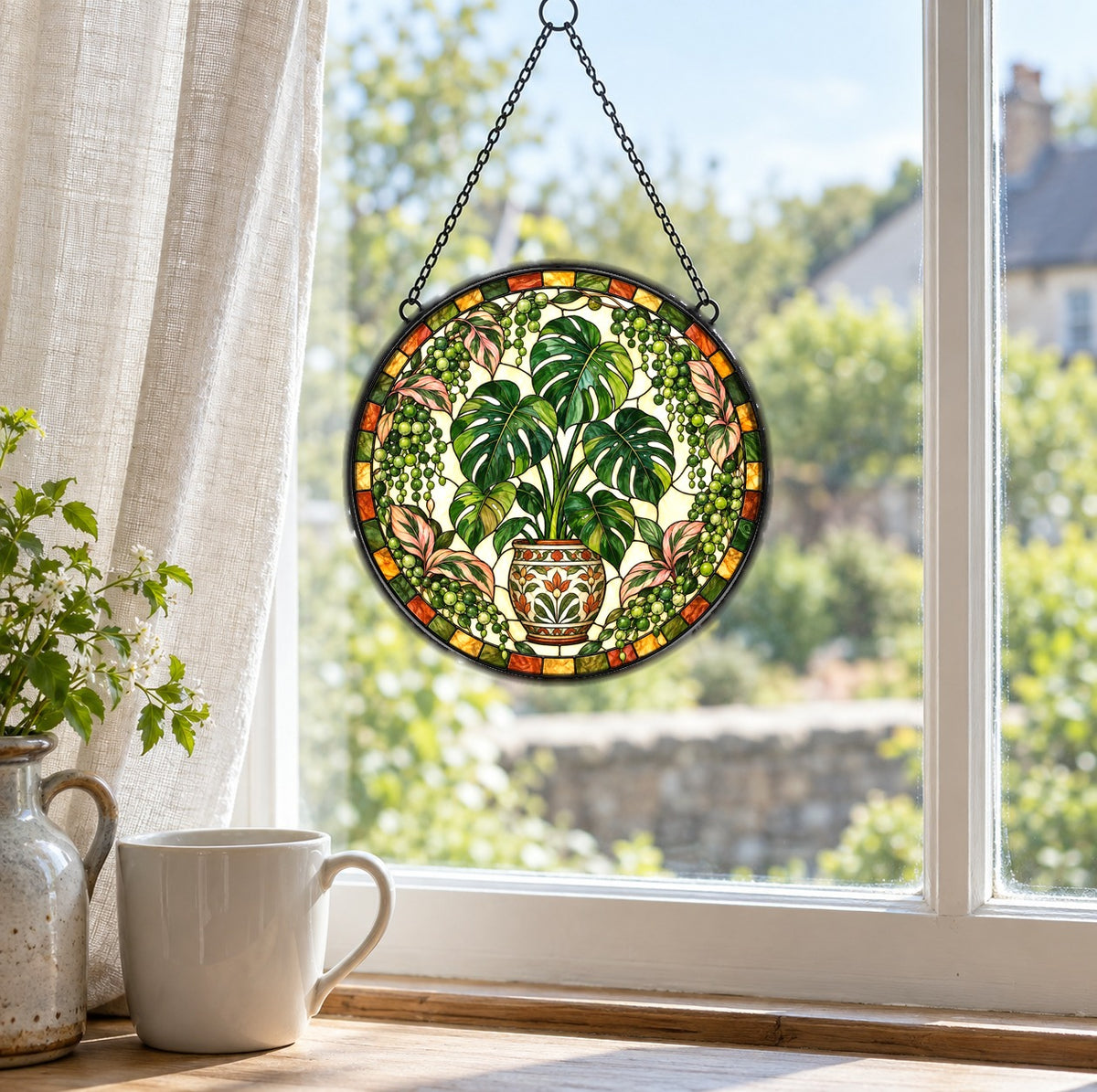 Emerald Monstera Oasis Suncatcher Window Hanging Ornament
