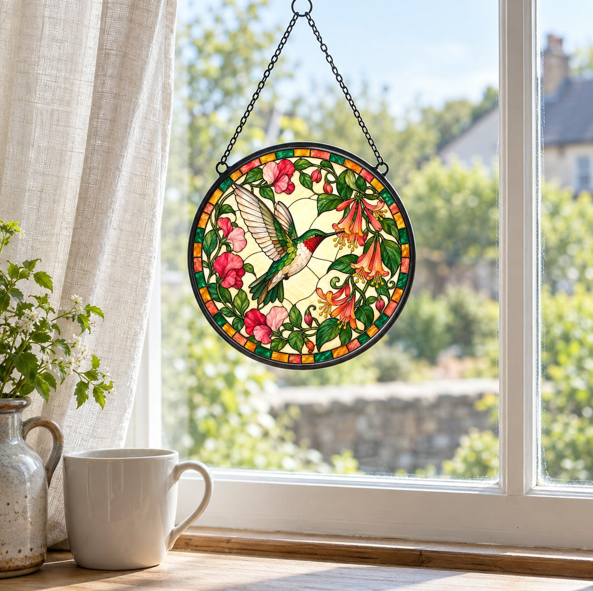 Hummingbird Honeysuckle Stained Glass Suncatcher Window Ornament