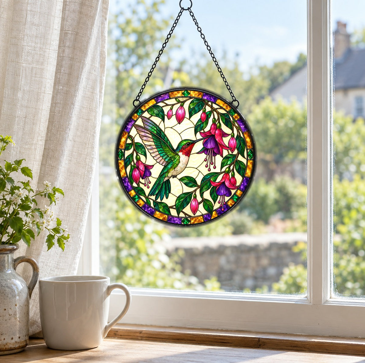 Jeweled Hummingbird and Fuchsia Suncatcher Glass Window Ornament