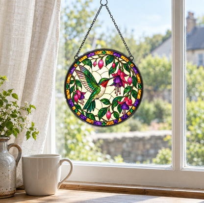 Jeweled Hummingbird and Fuchsia Suncatcher Glass Window Ornament