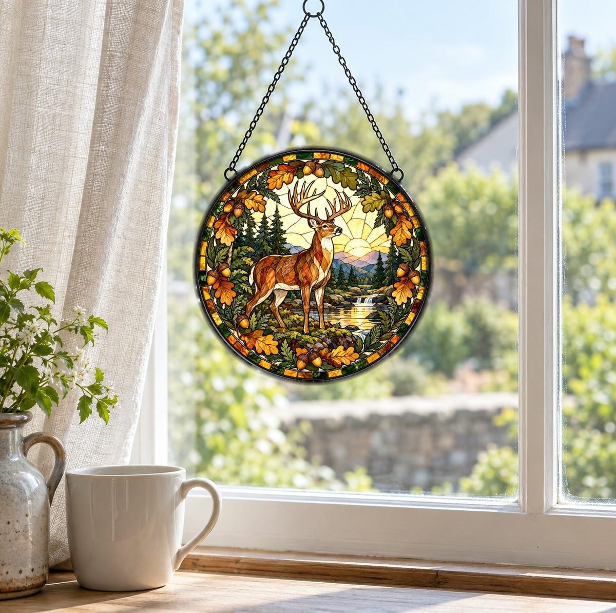 Golden Dawn Woodland Stag Suncatcher, Forest Wildlife Glass Ornament