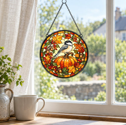 Autumn Chickadee Harvest Pumpkin Glass Suncatcher Window Hanging