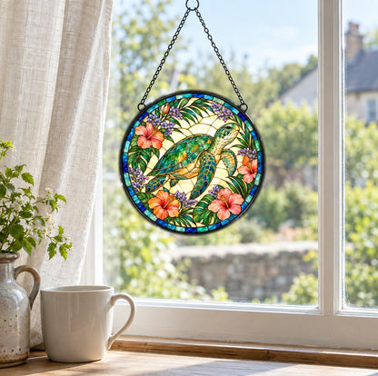 Sea Turtle Coastal Stained Glass Suncatcher Window Hanging Ornament