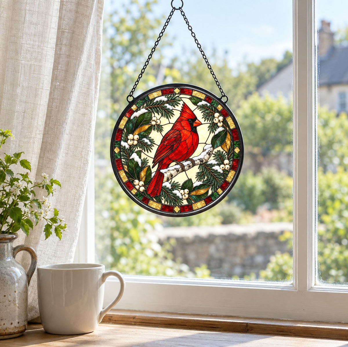 Frosted Birch Winter Cardinal Glass Suncatcher Window Hanging Ornament
