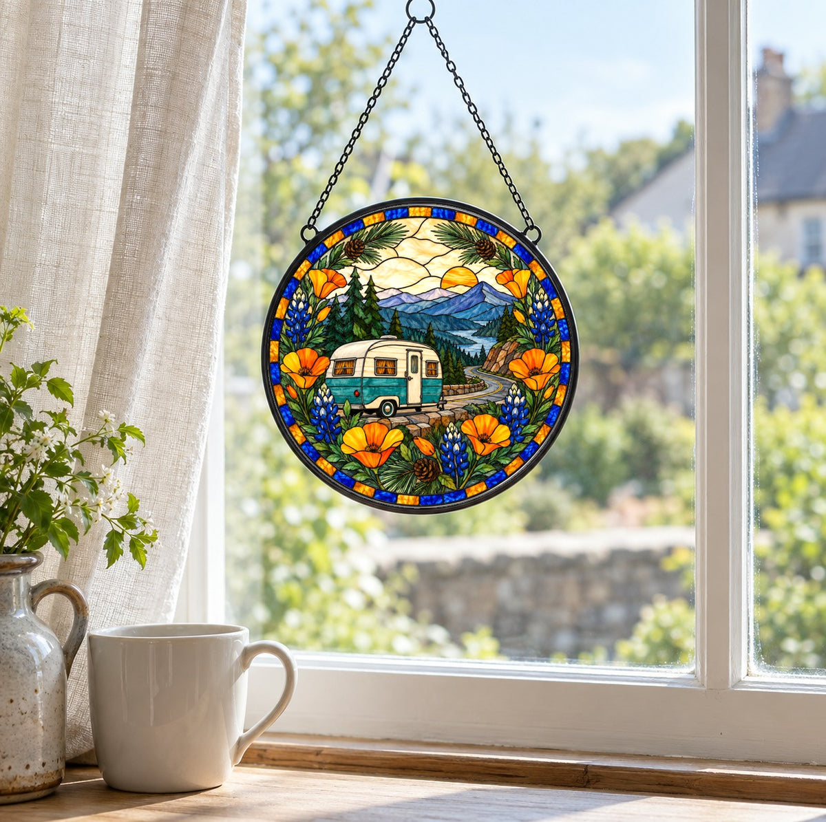 Road Trip Camper Suncatcher Glass Window Hanging Ornament