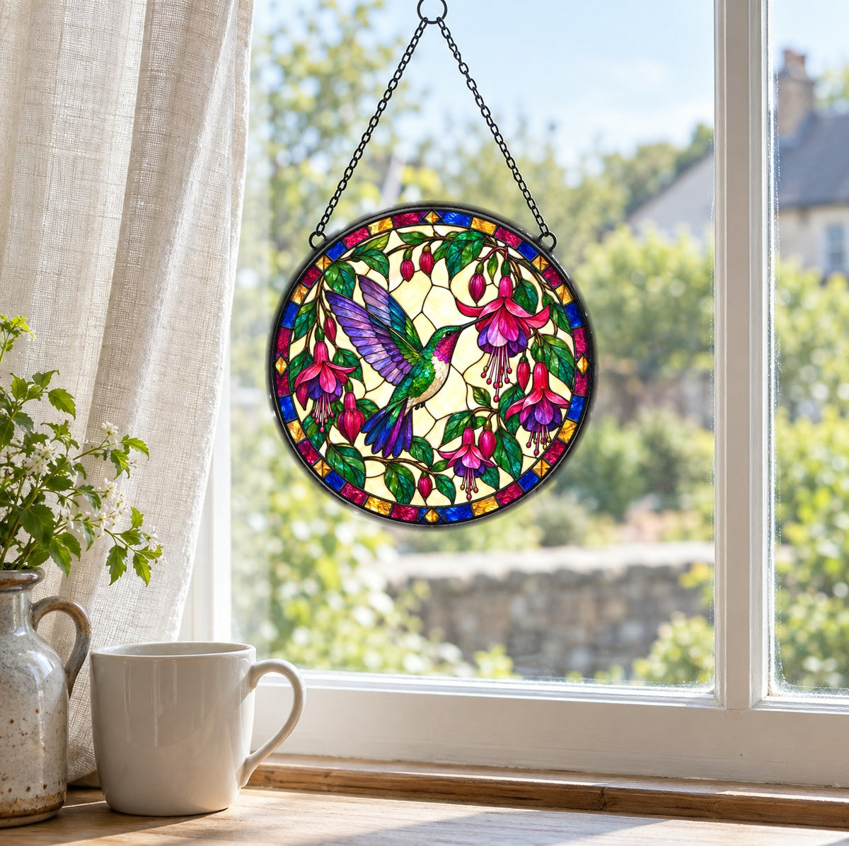 Jewel Fuchsia Hummingbird Glass Suncatcher Window Ornament
