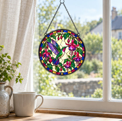 Jewel Fuchsia Hummingbird Glass Suncatcher Window Ornament