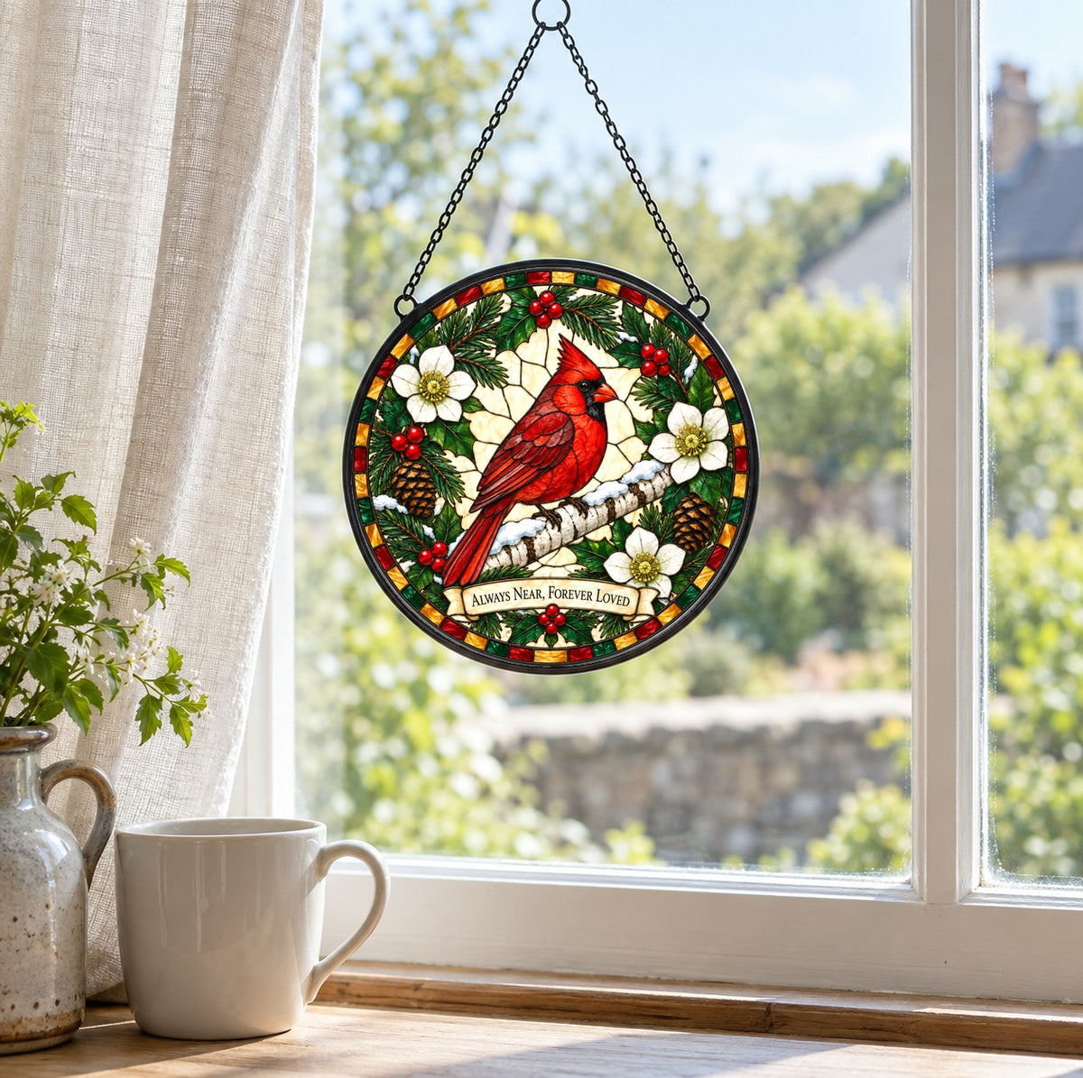 Winter Cardinal Memorial Suncatcher Glass Window Hanging Ornament