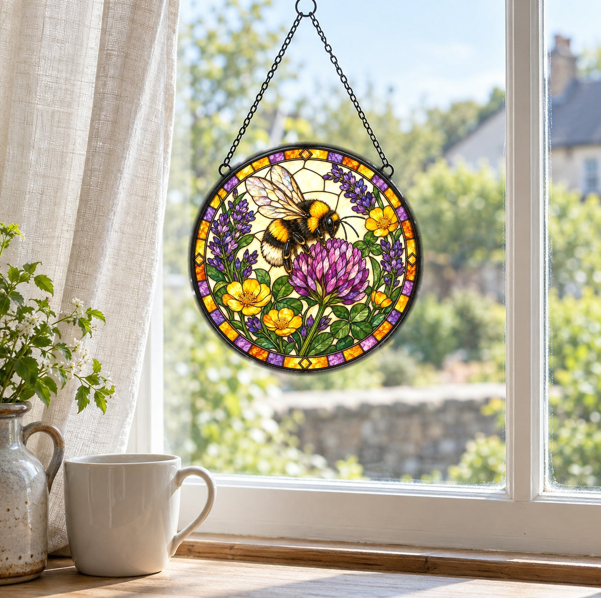 Lavender Meadow Bumblebee Stained Glass Style Suncatcher Hanging