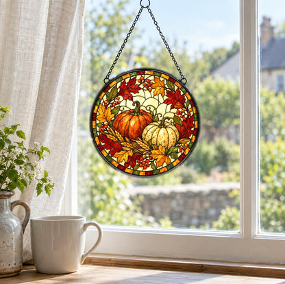 Autumn Heirloom Harvest Suncatcher, Fall Pumpkin Glass Window Ornament