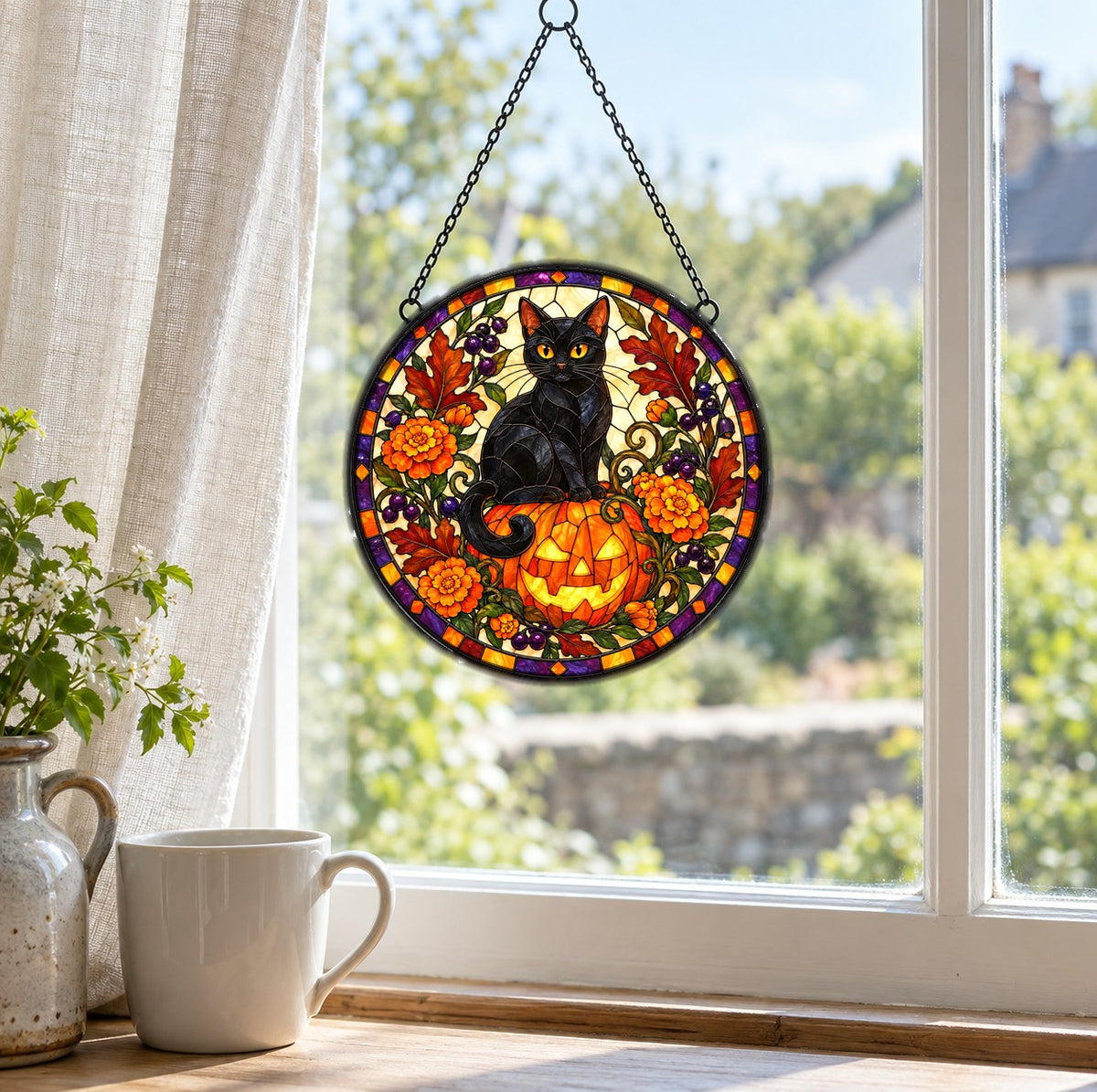Midnight Pumpkin Familiar Cat Glass Suncatcher, Window Ornament