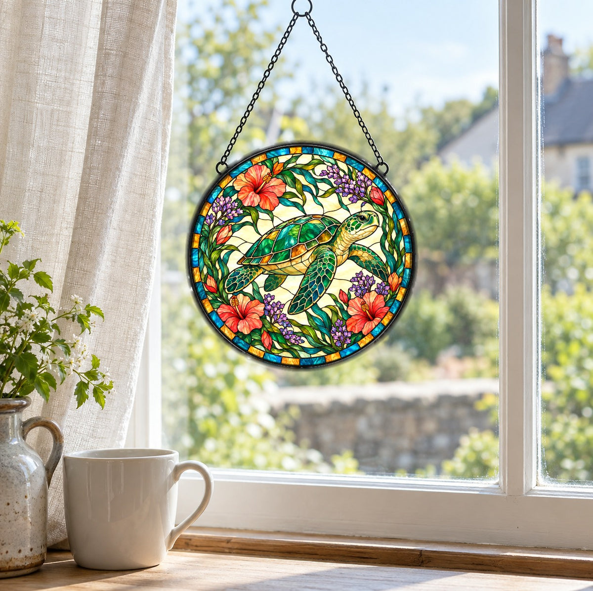 Gliding Sea Turtle Stained Glass Suncatcher Window Ornament
