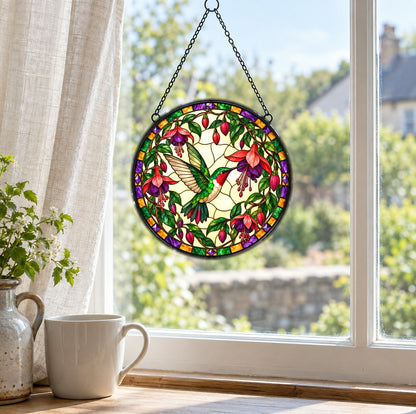 Ruby Nectar Fuchsia Hummingbird Stained Glass Suncatcher Window