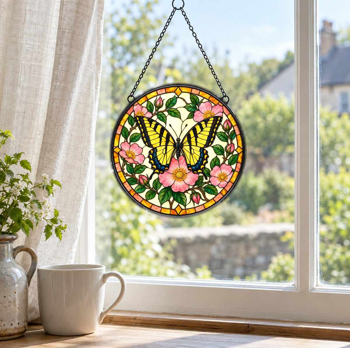Sunlit Swallowtail Butterfly Glass Suncatcher Window Hanging Ornament