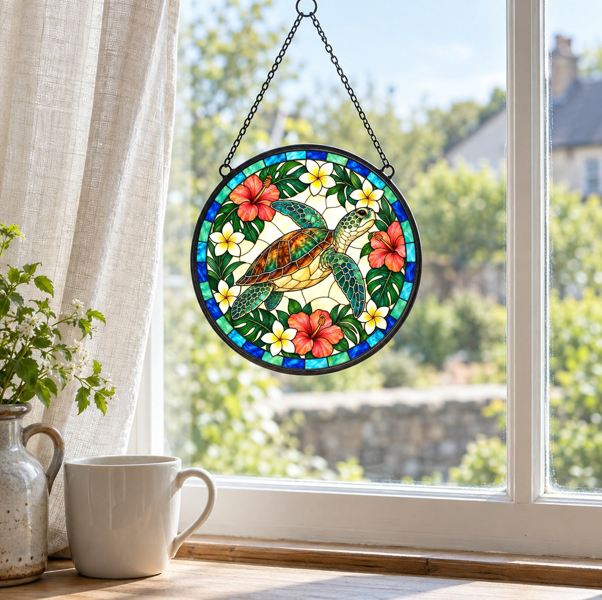 Gliding Sea Turtle Suncatcher Coastal Glass Window Ornament