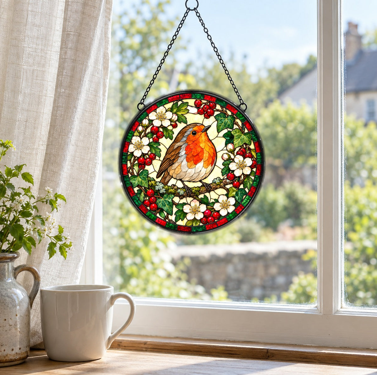 Garden Visitor Robin Stained Glass Suncatcher Hanging Ornament