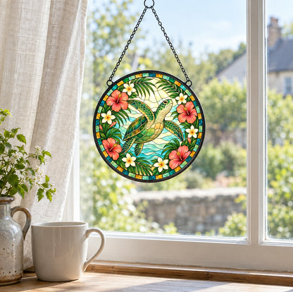 Sunlit Sea Turtle Suncatcher Hanging Glass Window Ornament