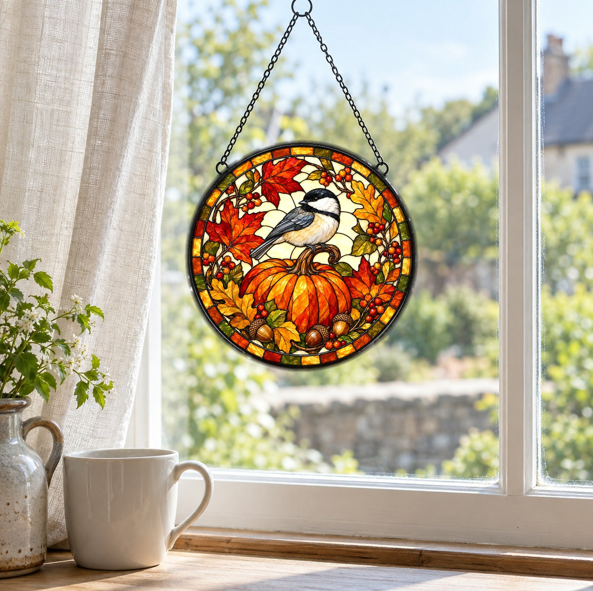 Autumn Chickadee Pumpkin Suncatcher, Fall Bird Glass Window Ornament