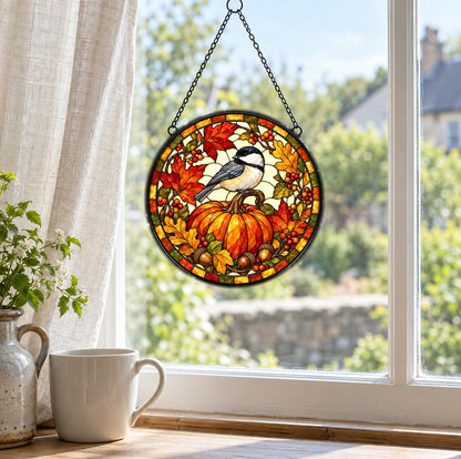 Autumn Chickadee Pumpkin Suncatcher, Fall Bird Glass Window Ornament