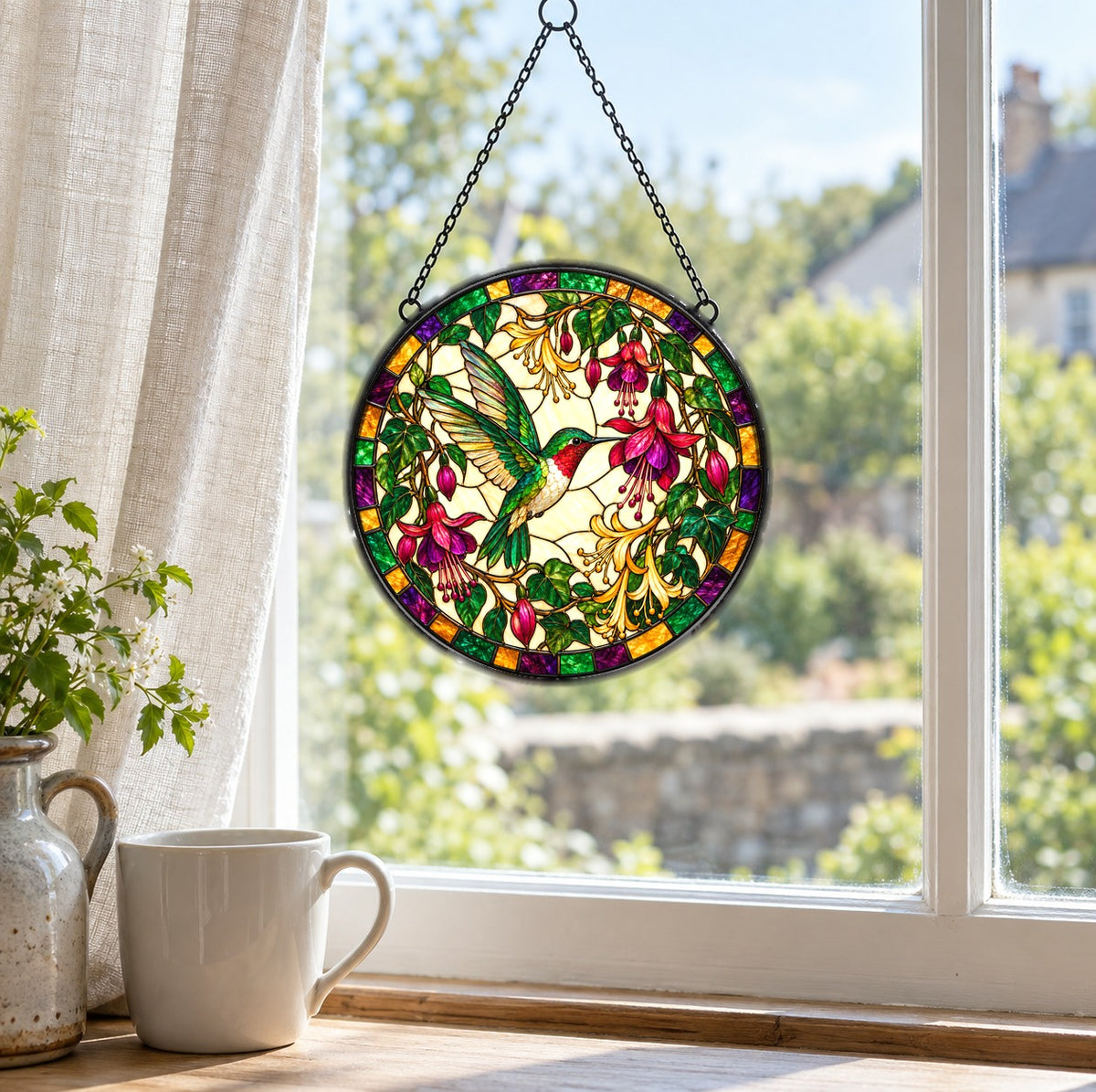 Ruby Hummingbird Fuchsia Bloom Glass Suncatcher Window Ornament