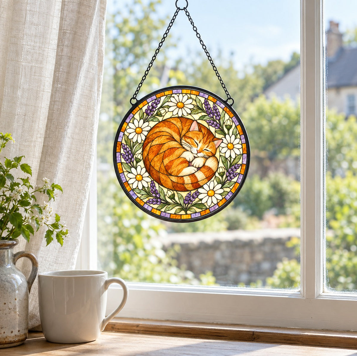 Sunlit Nap Sleeping Tabby Suncatcher, Hanging Glass Window Ornament