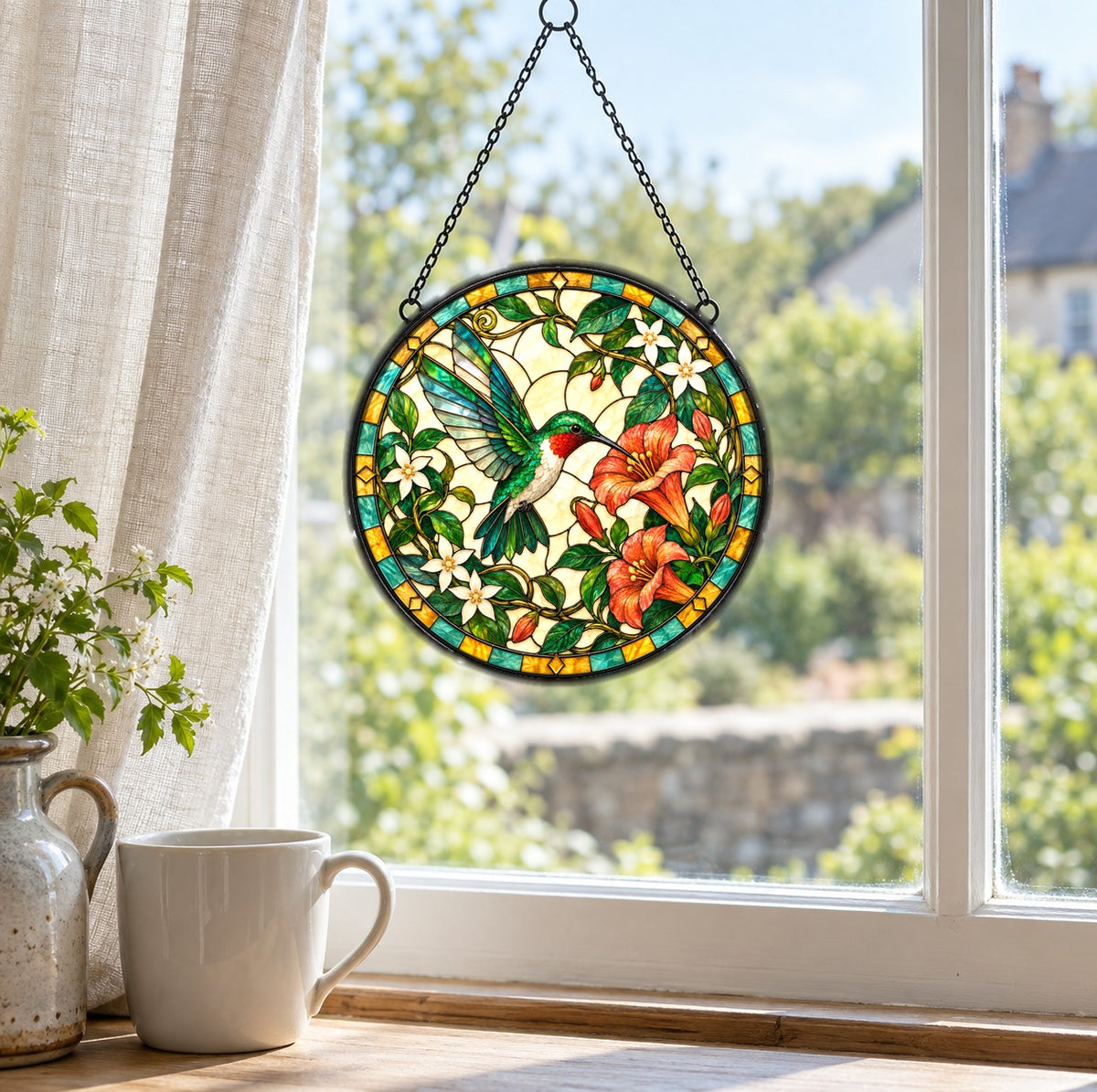Sunlit Honeysuckle Hummingbird Suncatcher Window Hanging Ornament
