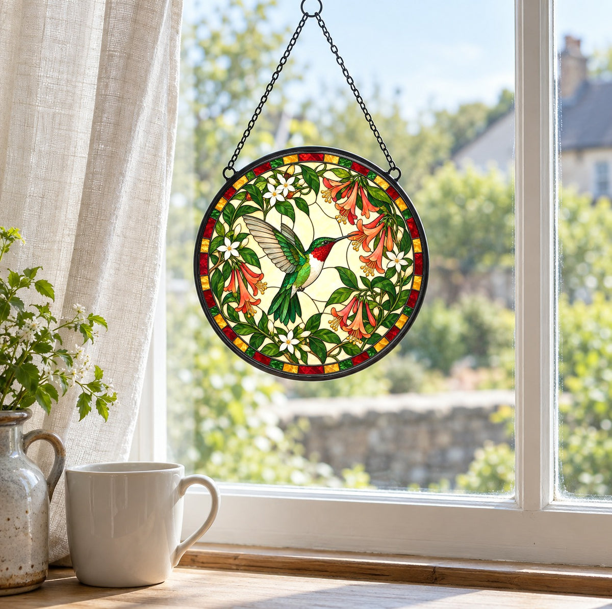 Ruby Nectar Symphony Suncatcher, Hummingbird Glass Window Ornament